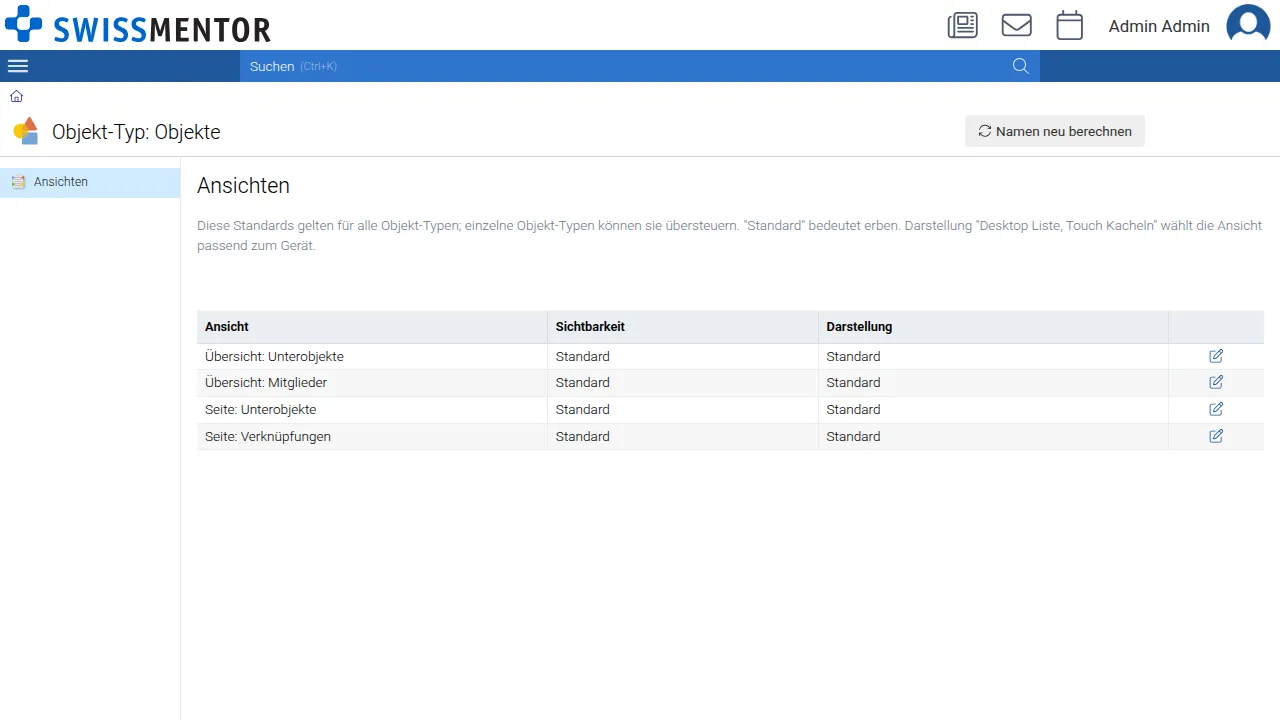 Ansichten – Standard für alle Objekt-Typen