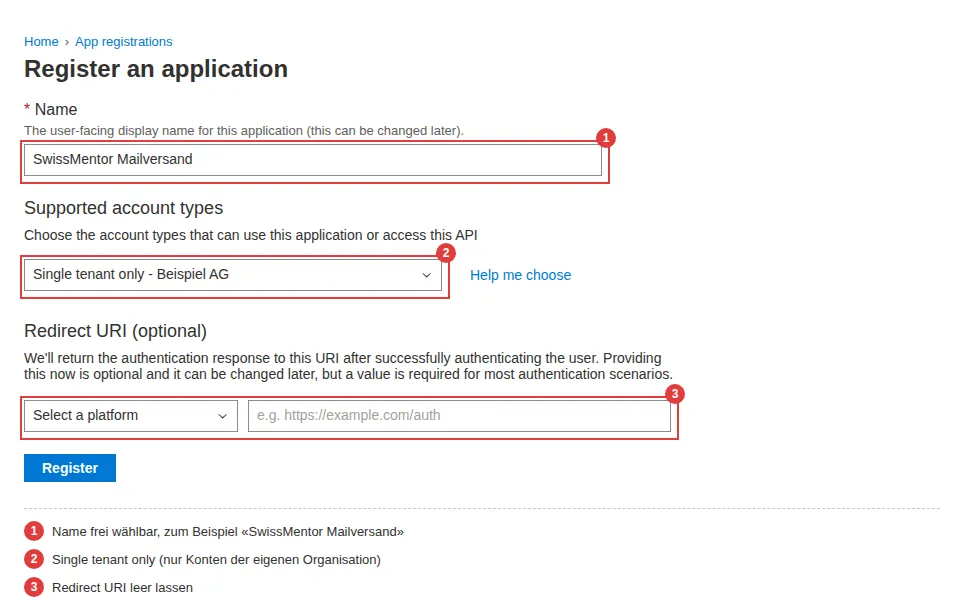 Beispiel mit fiktiven Daten: Anwendung in Microsoft Entra registrieren