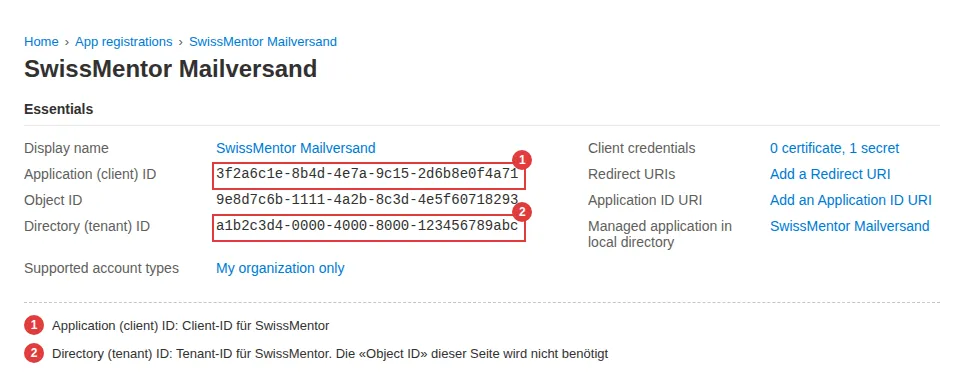 Beispiel mit fiktiven Daten: Client-ID und Tenant-ID in der Übersicht der Anwendung