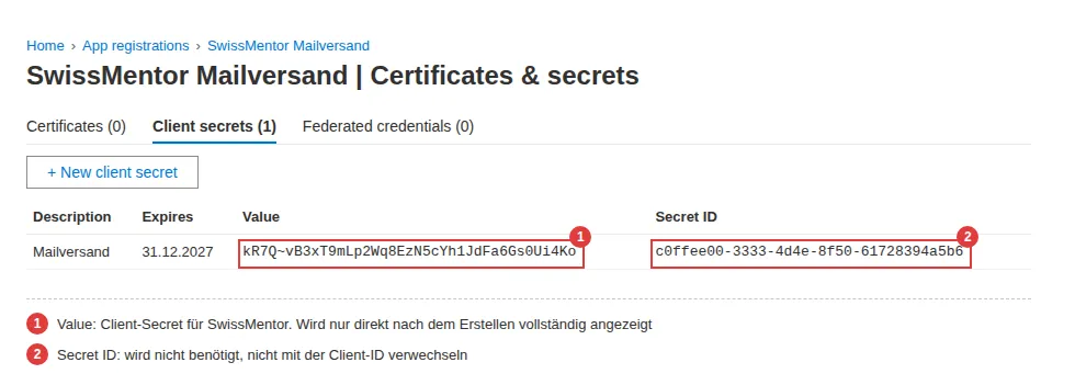 Beispiel mit fiktiven Daten: Value und Secret ID eines Client-Secrets