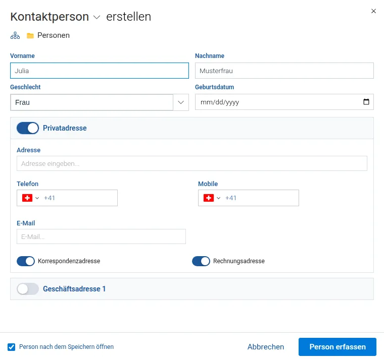 Personenerfassung mit zwei Spalten und Adressschaltern