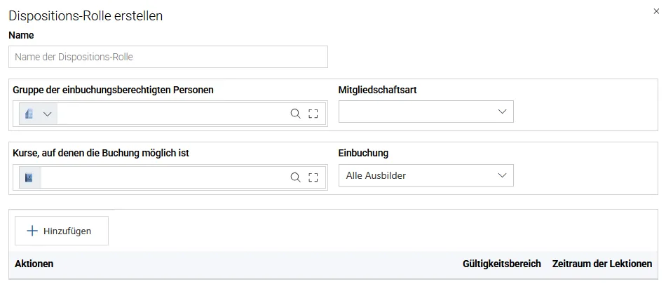 Formular Dispositions-Rolle erstellen mit Name, Gruppe, Mitgliedschaftsart, Kursen, Einbuchung sowie Aktionen und Zeiträumen