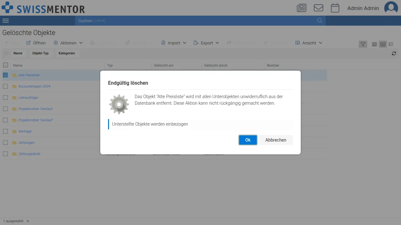 Bestätigung vor dem endgültigen Löschen