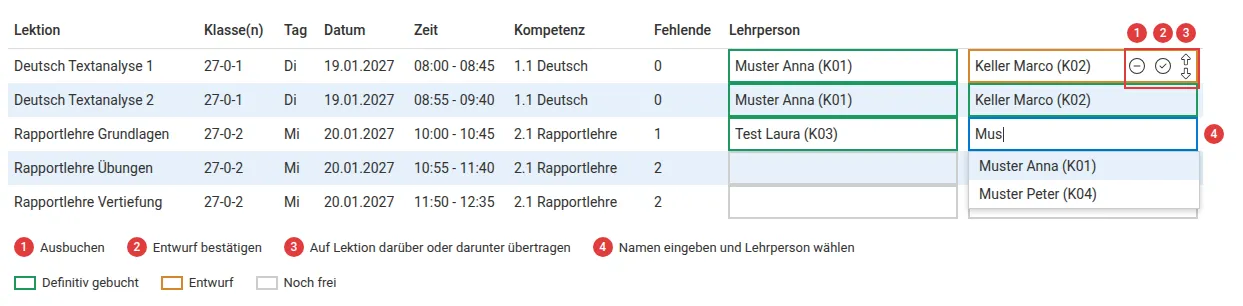 Beispiel mit fiktiven Daten: Lektionsliste mit gebuchten, provisorischen und freien Feldern, den Symbolen einer Buchung und der Namenssuche