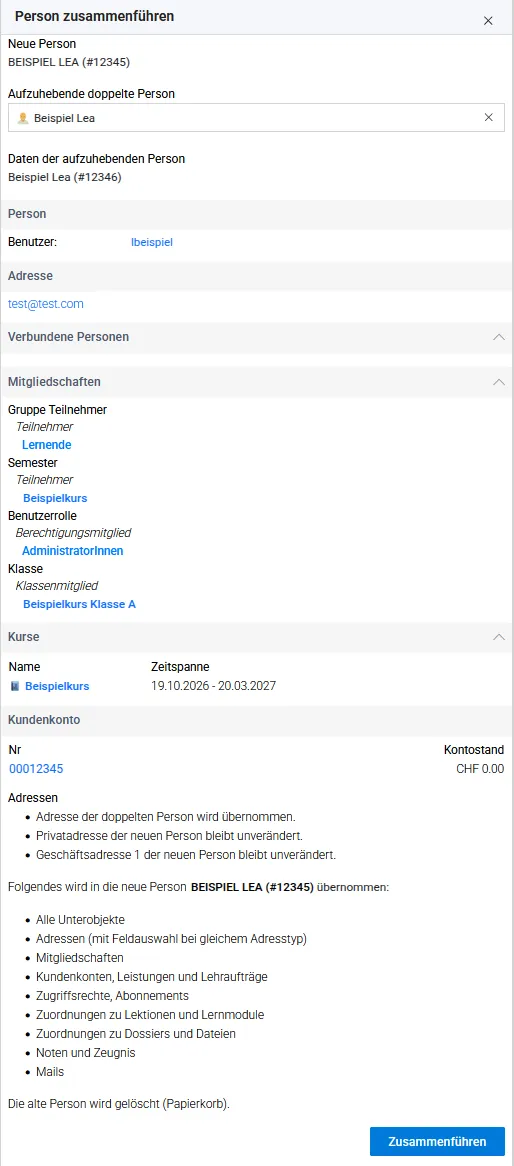 Seitenpanel «Person zusammenführen» mit der behaltenen Person, der ausgewählten doppelten Person und deren Daten