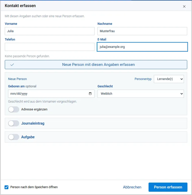 Kontaktschnellerfassung mit gemeinsamen Suchfeldern und optionalem Journal und Aufgabe