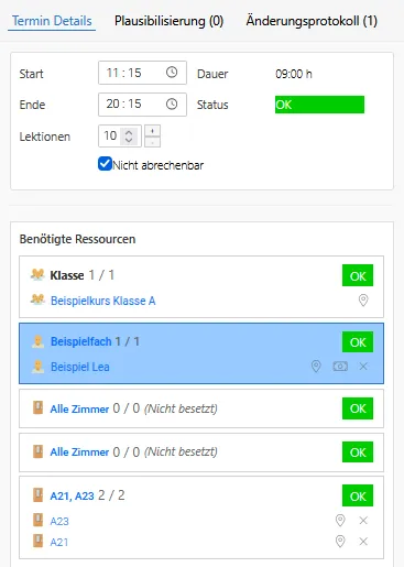 Benötigte Ressourcen im Stundenplan mit Geldschein-Symbol bei der Lehrperson