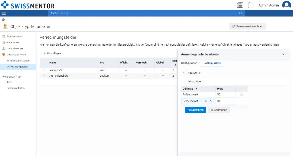 Verrechnungsfeld bearbeiten – Register Lookup-Werte und Preise